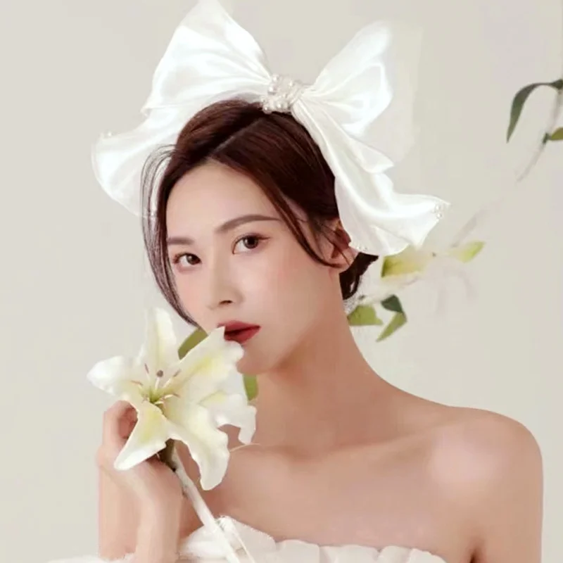 Handmade Women Wedding Solid Color Clip Bow Pearl Bridal Big White Stain Hair Bow