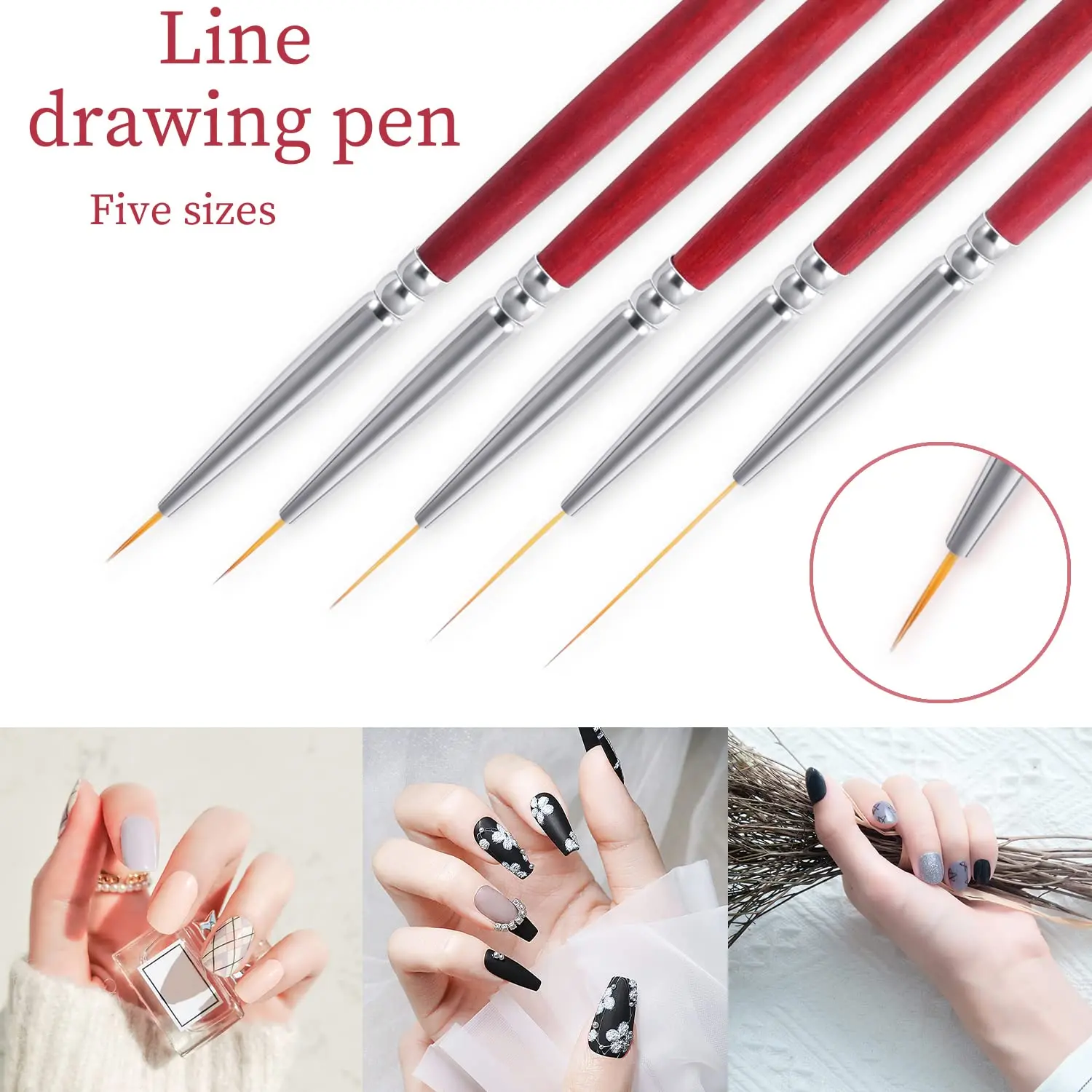 5 Pcs 4/18/12/9/6mm Nail Detail Brush Thin Nail Design Brush Pen Set for Nail Painting Drawing