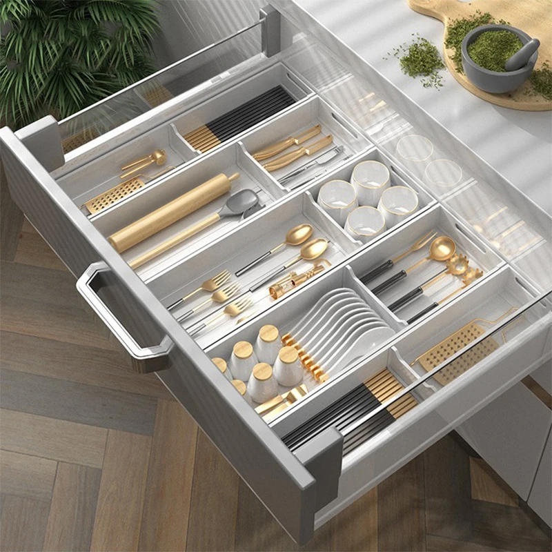 Kitchen Cabinet Aluminum Alloy Utensil Tray White Cutlery Holder Adjustable  Chopstick Storage box Bowls and Dish Holder
