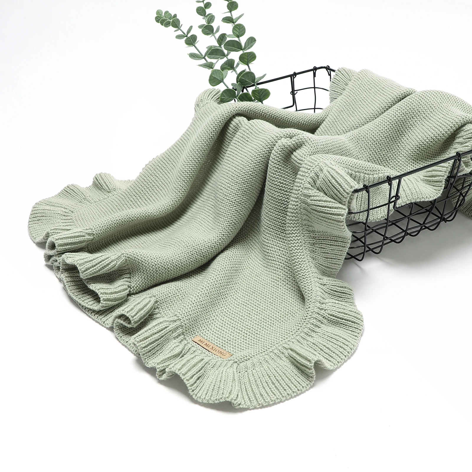 Custom Logo New Born Baby Plain Knitted Wrap Swaddle Blanket with Ruffle