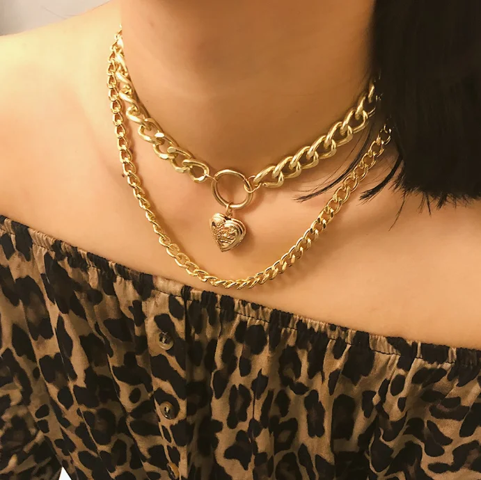 
XG1037 Simple chain pattern can open pendant collar act the role ofexaggerated thick chain heart - shaped multi-layer necklace 