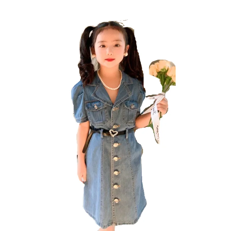 New spring summer girls denim dress sweet princess dress for kids girl beautiful short sleeve girls dresses 5 to 7 years