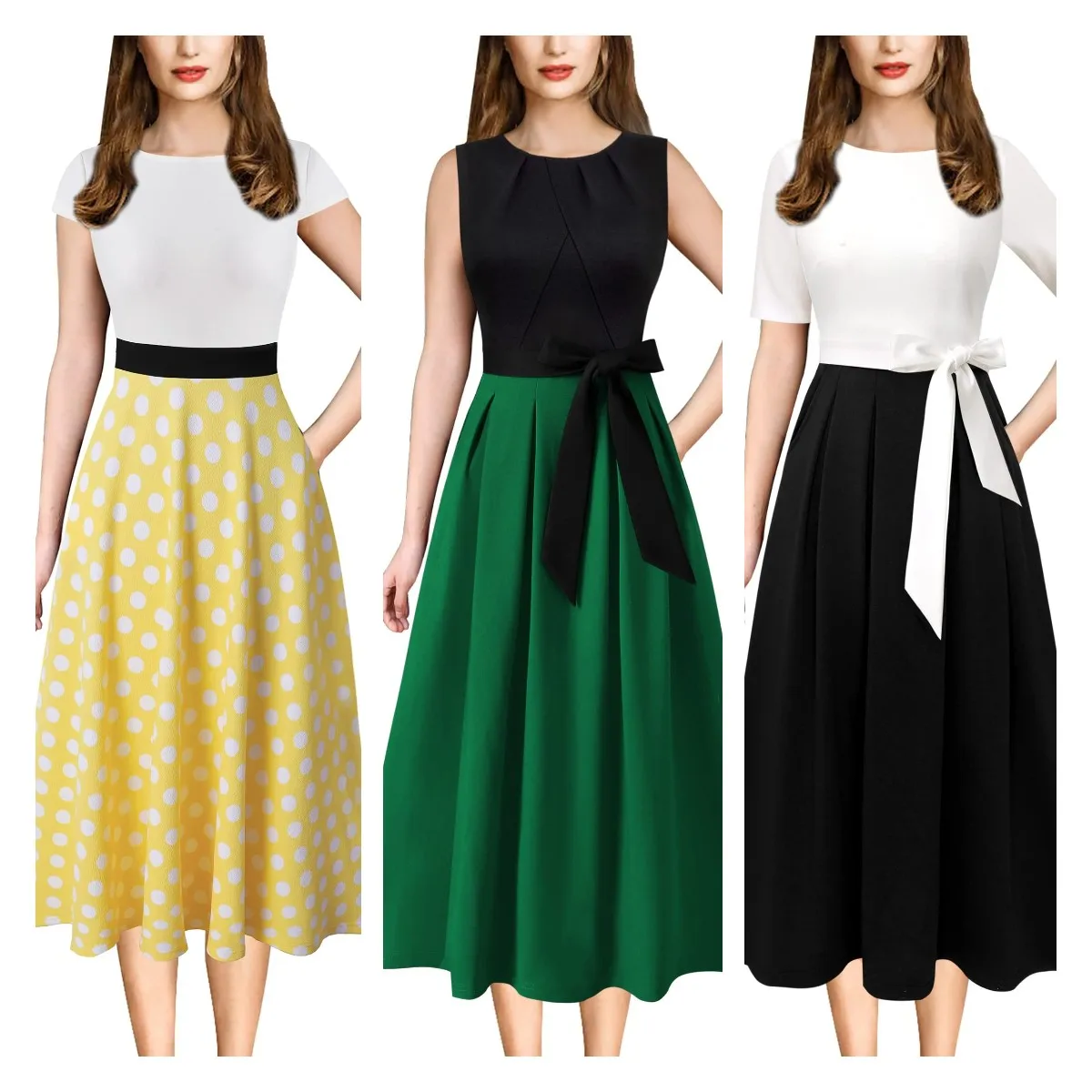 Cyalaa YM234 Womens Work Office Career  Wear Business Dress Elegant Patchwork Pockets Print Work Casual A-Line Midi Dress