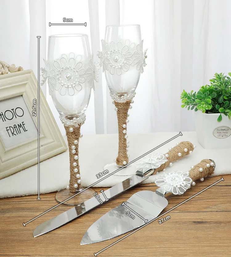 Wholesale cake knife set clear glass goblet wedding champagne glasses set