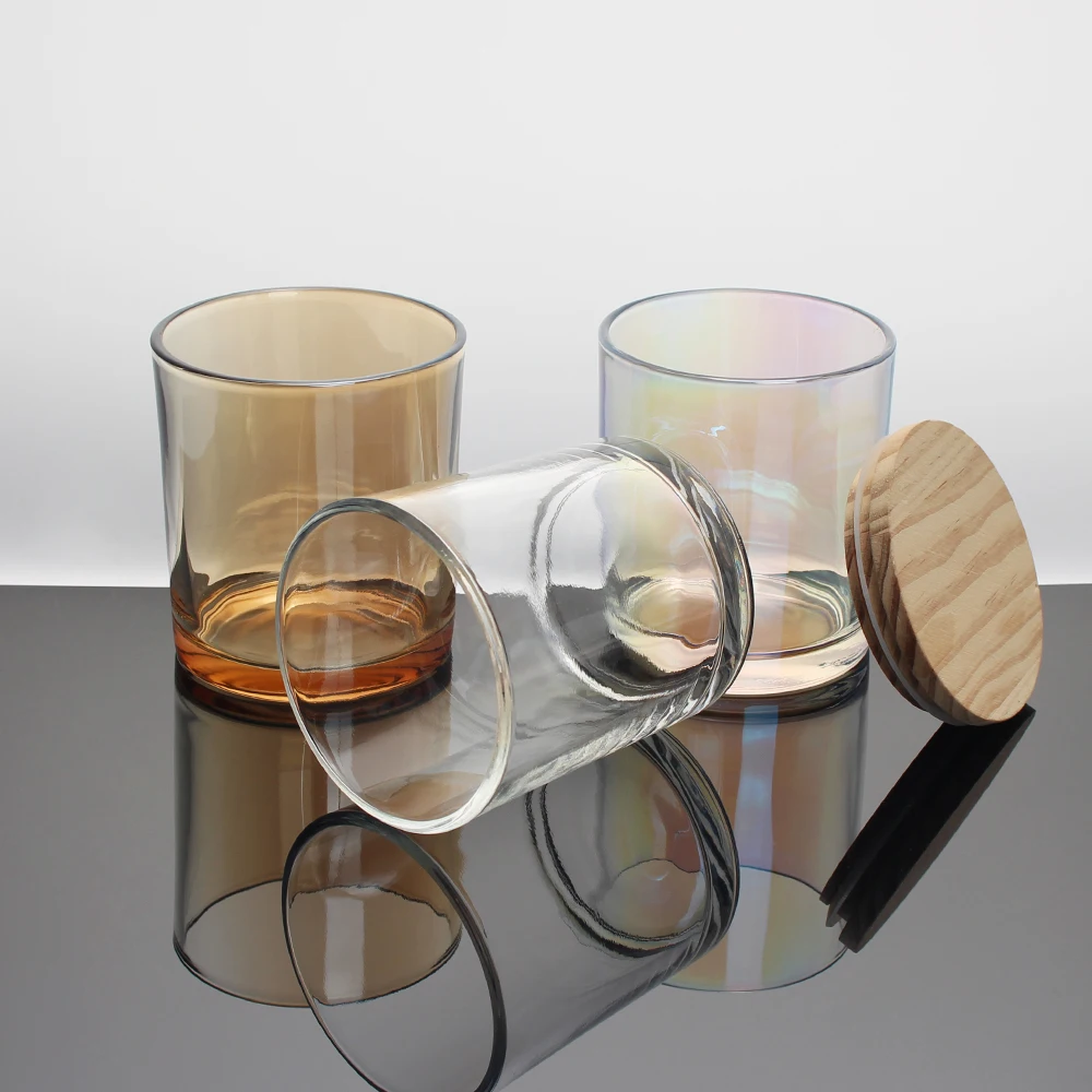 Iridescent Holographic Candle Glfrosted Glass Candle Jar With Wood Lids Candle Jars Glass With Lid