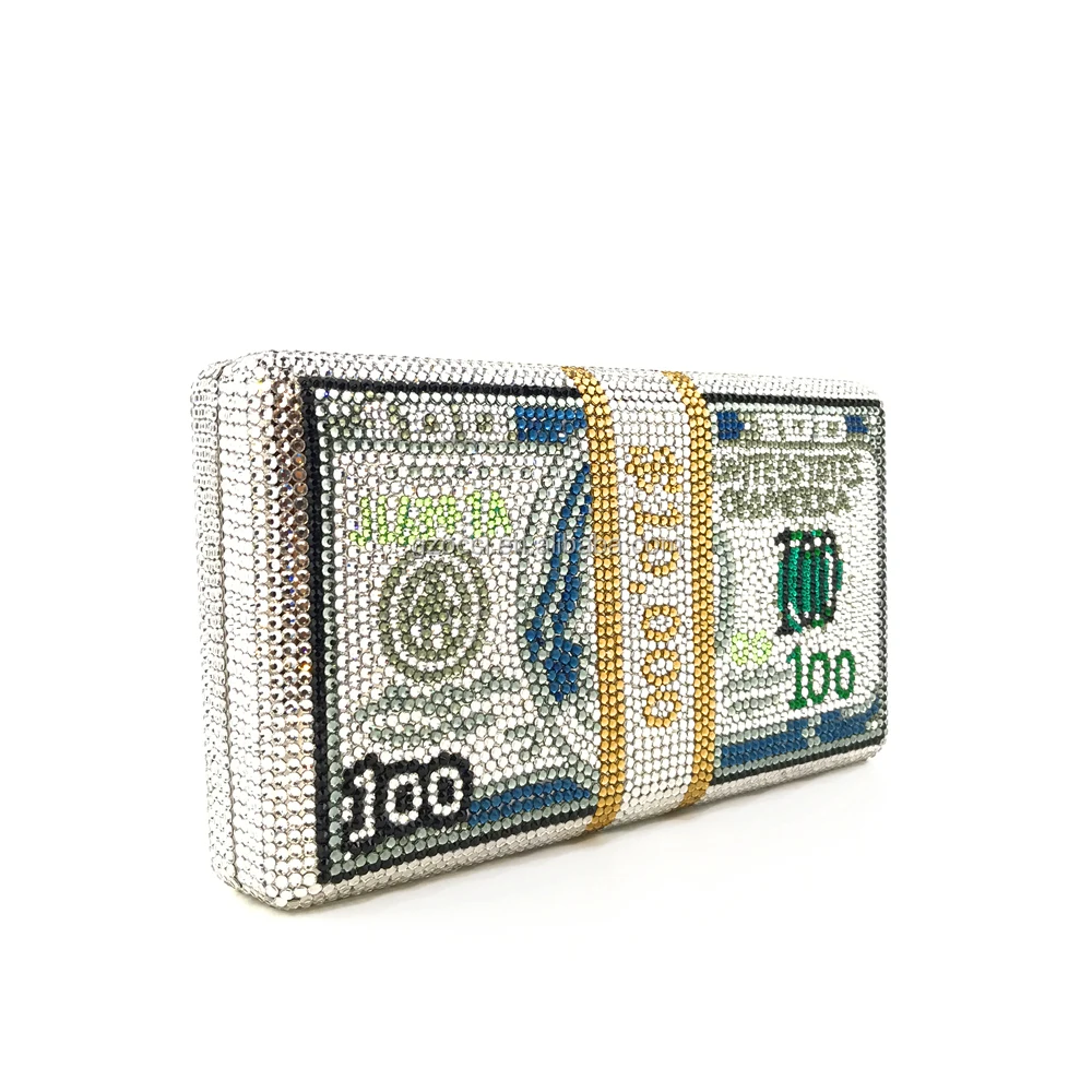 
High End NO MOQ custom dollars womens crystal clutch money bag OC4096 