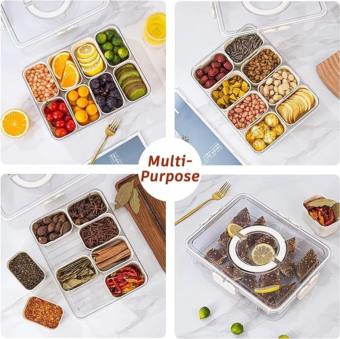 Divided Serving Tray With Lid And Handle Portable Snack Compartment Platters Keeping Food Storage Box Container