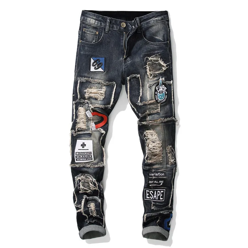 Wholesale Ragged black biker jeans trousers man black ripped Destroy Wash jeans
