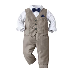 New long sleeve single breasted shirts tops bow tie pants vest 3pcs gentleman boys clothing sets