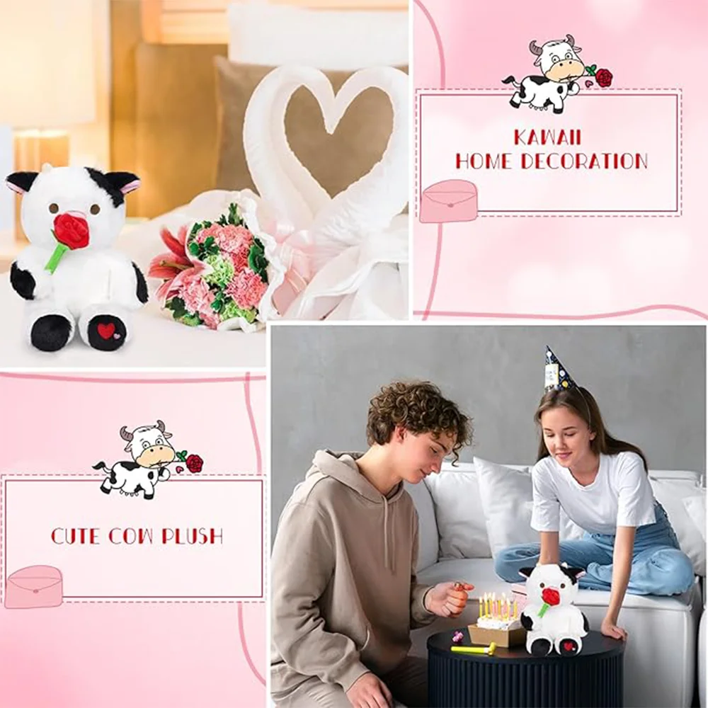 8in Skin-Friendly Cow Stuffed Animals with Red Rose Lovable Elegant Stuffed Cow for Mom Girlfriend