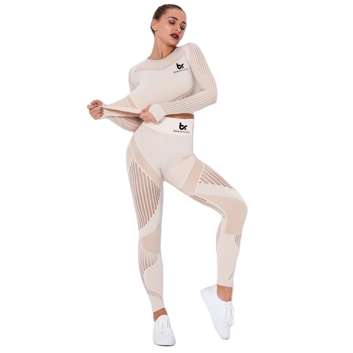 
2021 Fashion Women Seamless Sportswear Hollow Quick Dry Long Sleeve Yoga Set 