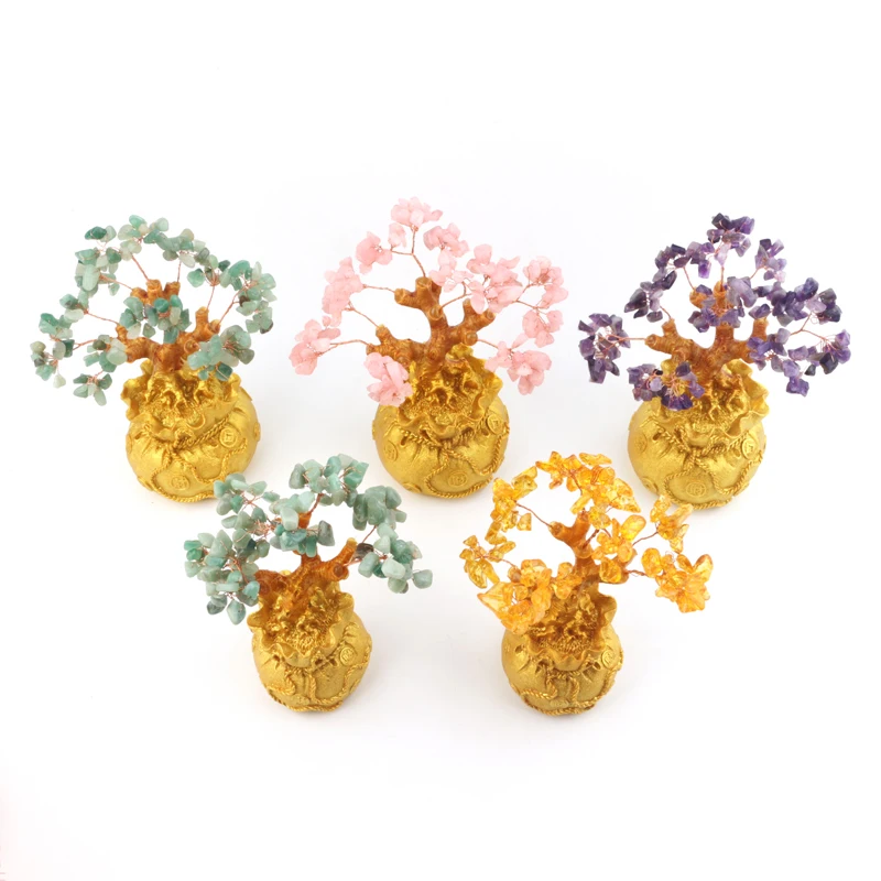 Мини натуральные декоративные растения фэн-шуй цветы искусственные деревья желтые кристаллы