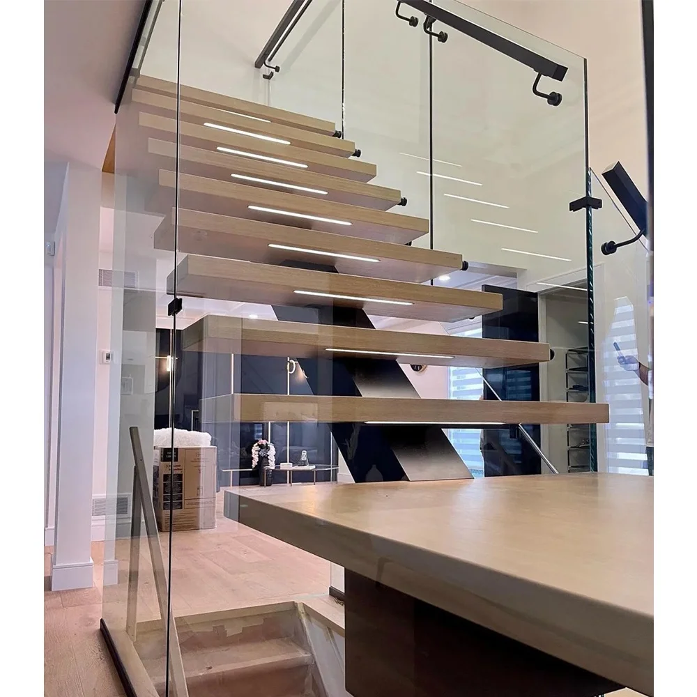 Easy Installation Mono Stringer Stairs Indoor Led Sensor Lights Glass Railing Stepping Solid Red White Oak Tread Stair