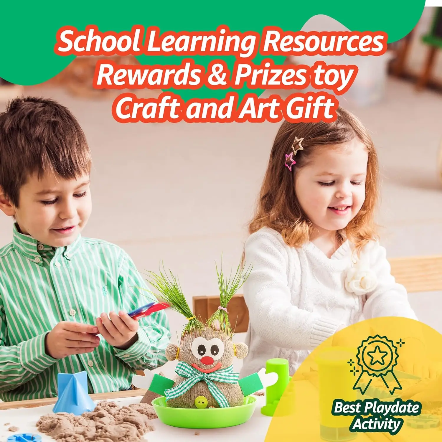 6 Eco Friendly DIY Grass Doll Growing Kit , Playdate  Activity, Party Favors, Craft and Art Gift for Kids