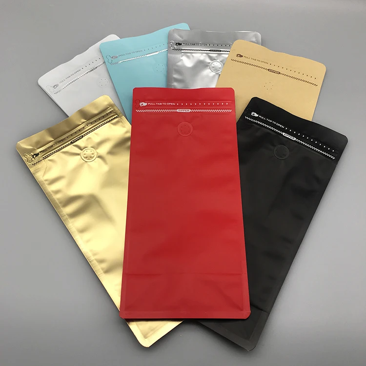 2021 latest design style customized aluminum foil flat bottom coffee beans bag with on way valve