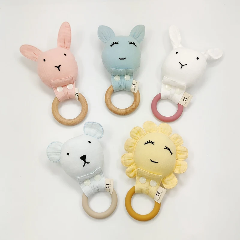 Wooden Baby Rattle Lovely Bunny Teething Ring Teether Rattle Baby Toys