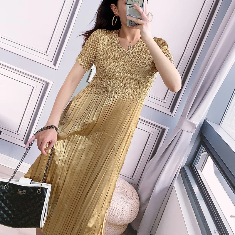 Fashion Summer 2020 dresses women lady elegant party Noble golden pleated High waist clothing