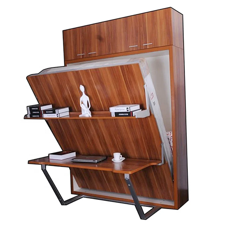 
Home furniture queen size bookshelf metal frame fold up double mounted wall bed mechanism with desk 