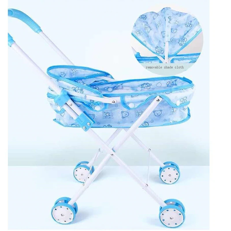 Fashion foldable iron pram toy lovely baby doll stroller toy kids pink and blue lovely stroller toy