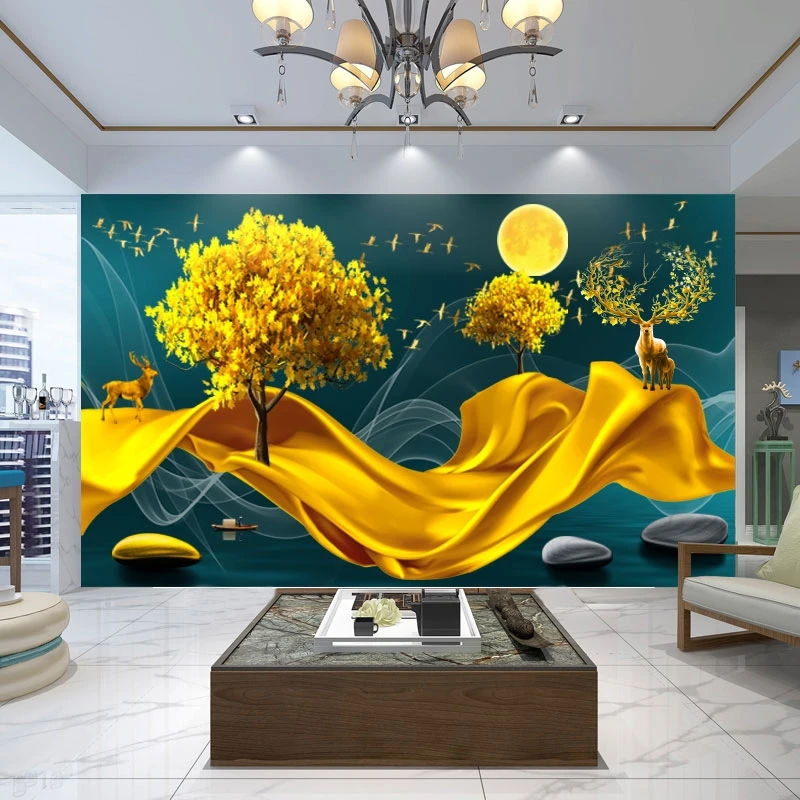 3d TV background wall decoration wall cloth, living room decoration painting elk lucky waterproof wall fabric