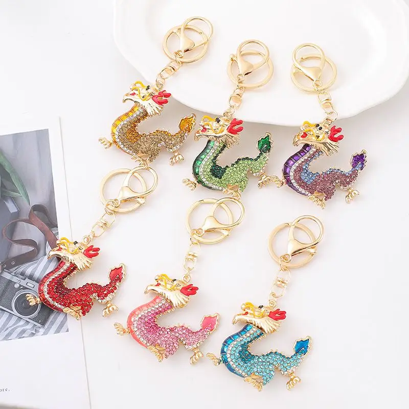 Wholesale Factory High Quality bling Rhinestone Originality Chinese Dragon keychain bag car charm Pendant keychain for Gift