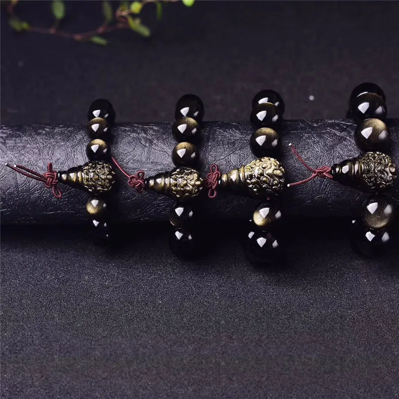 Natural Mexican obsidian gold obsidian pixiu Fu pig hand leather hill Buddha beads crystal bracelet