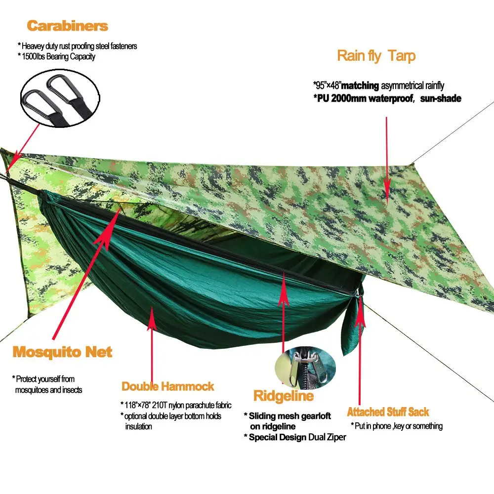 Lightweight Outdoor Nylon Parachute Portable Camping Sleeping Hammock with Mosquito Net and rain fly
