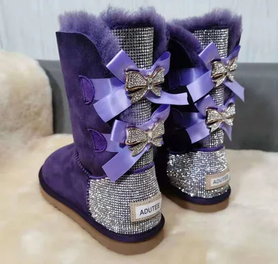 Оптовая продажа; Модная женская обувь; Женские зимние ботинки из овечьей шерсти; Меховые ботинки с бантиками и стразами; Женские ботинки