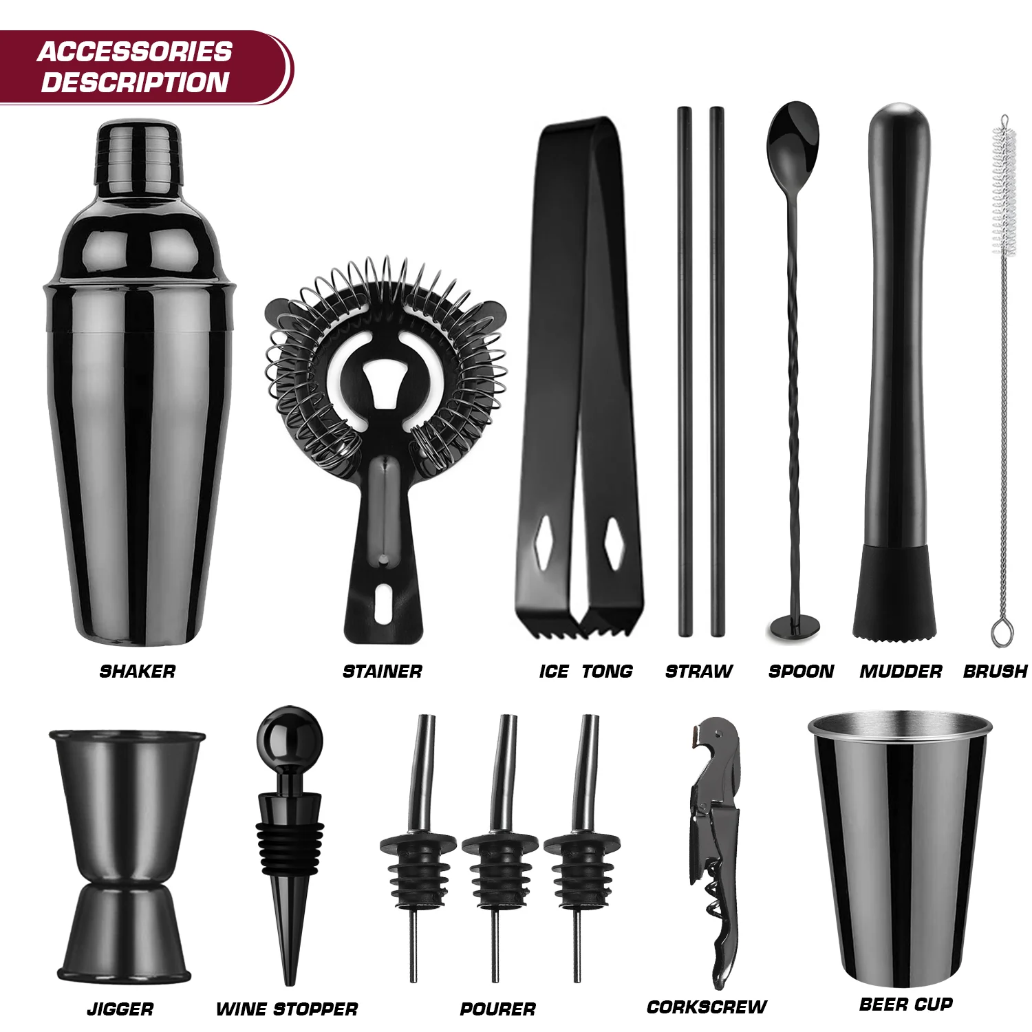 Stainless Steel Cocktail Shaker Set Bartender Kit with Wood Stand Perfect Home Bartender