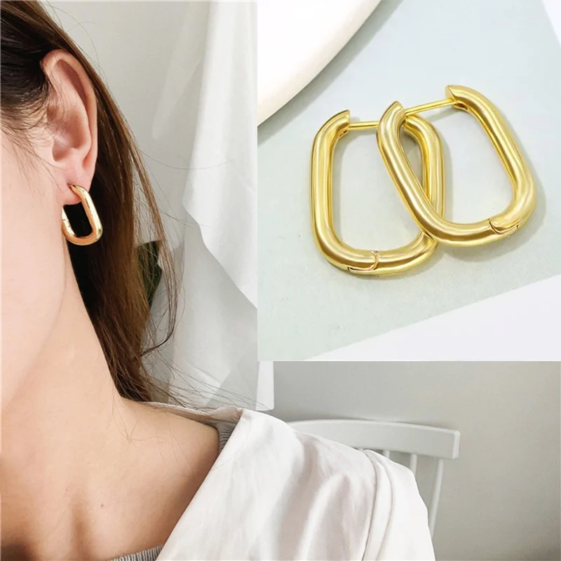 Wholesale Fashion Jewelry Brass 18k Real Gold Plated Piercing Geometric Hoop Huggie Square Earrings