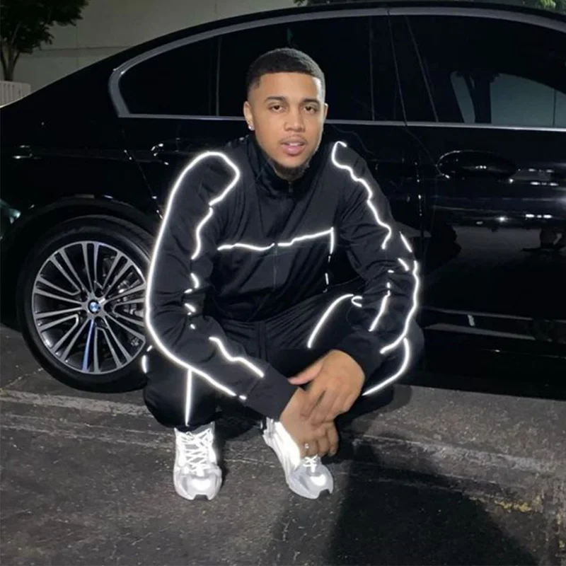 2022 Custom Logo Sweatsuits Jogging Track Suits Sport Slim Fit Reflective Custom Men Plain Tracksuit Set