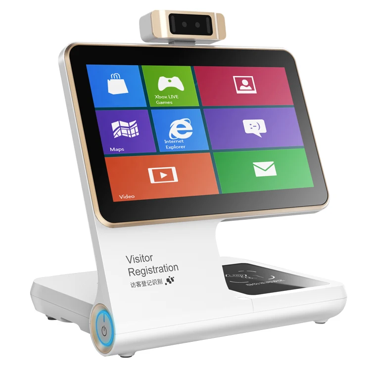 Face recognition visitor management system Reception touch screen android  attendance system with fingerprint ID card reader