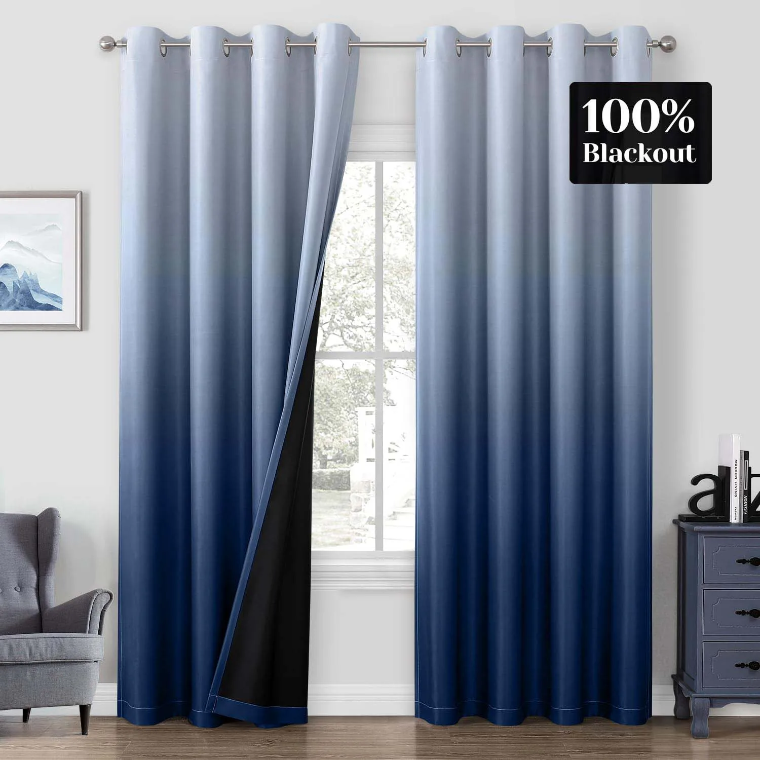 100% Polyester Navy Blue Ombre Blackout Curtains, 52 X 84 Inches Long Grommet Gradient Drapes/