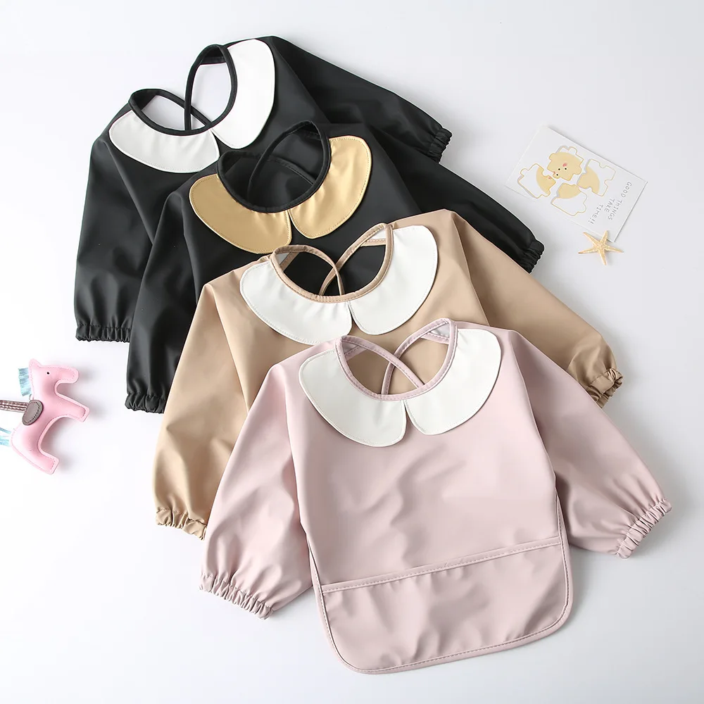 BSCI Custom Logo Tag Long Sleeved Smocked Clothing Baby Feeding Apron Bib Toddler Waterproof Smock Apron