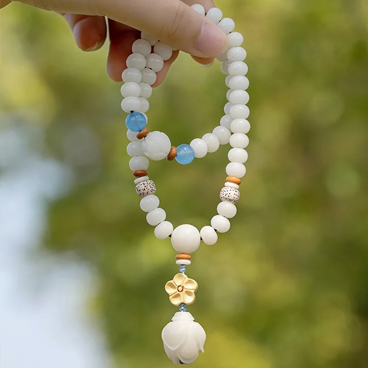 White Jade Bodhi Root Beads Bodhi Root Ancient Style Elegant Lotus Necklace Bracelet