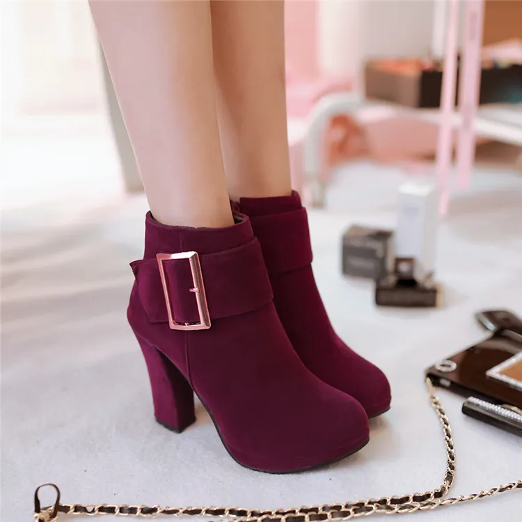 Suede Thick Bottom Oem Fall New Design Sexy Ladies Wide Calf Chunky Heel Booties Woman Ankle Heel Womens Ankle Boots With Buckle