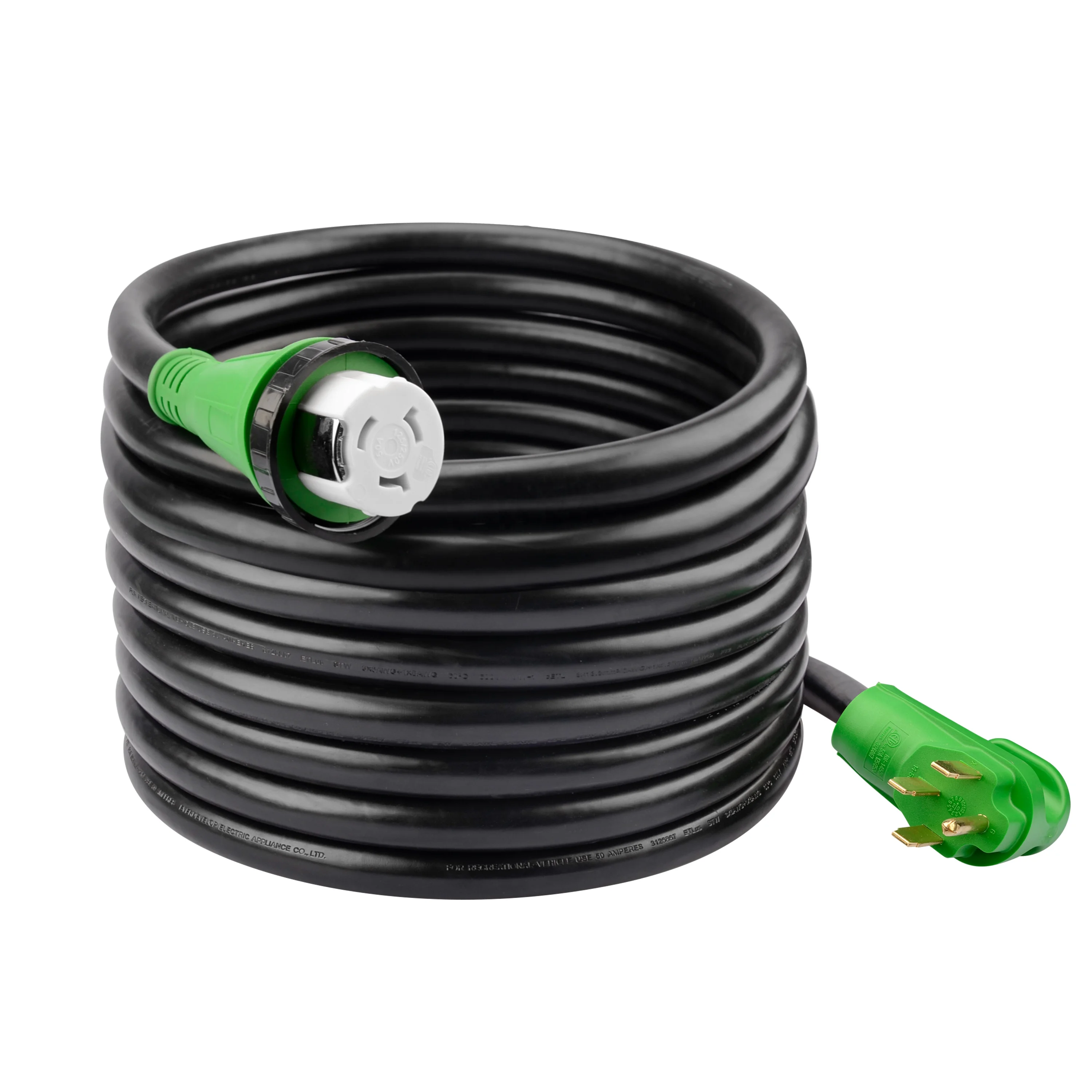 J521 50 Amp 50 Feet RV Power Extension Cord Heavy Duty STW Wire with LED Light NEMA 14-50P to SS2-50R Locking Connector Green