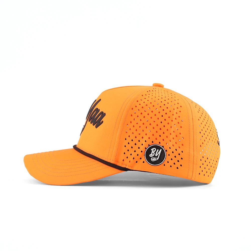 Custom Embossed PVC Logo 5 Panel Laser Cut Hole Perforated Performance Hat Waterproof Sport Baseball Cap Rope Quick Dry Golf Hat