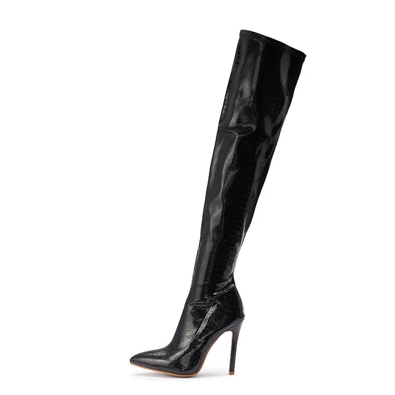 Banquet Botas Sexy Stripper Shoes Women Stone Pattern PU Pointed Toe Thin Legs Stiletto Heels Over The Knee Thigh High Boots