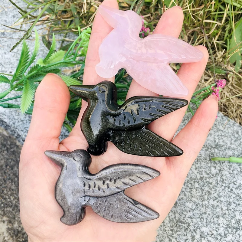 Wholesale natural Amazing Hand Carved crystal crafts 6 cm pink quartz bird craving golden obsidian bird for decoration and sale