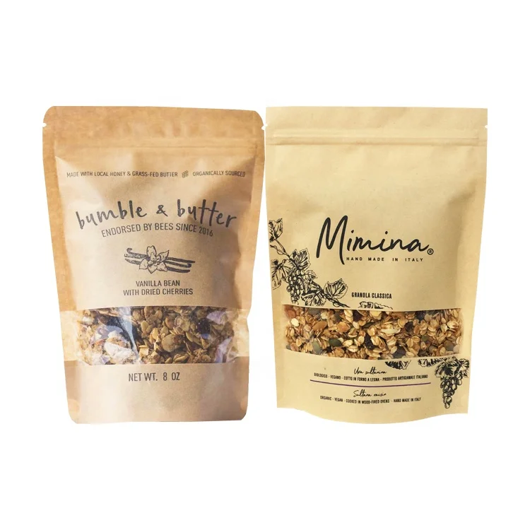 Customized Brown Kraft Paper Stand-up Pouch Zip Lock Window with Gravure Printing Top-Acceptable Food Packaging Bags
