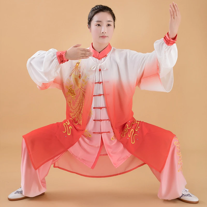 The new spring and autumn style gradient color dragon and phoenix embroidery three-piece martial arts suits and Tai Chi suits