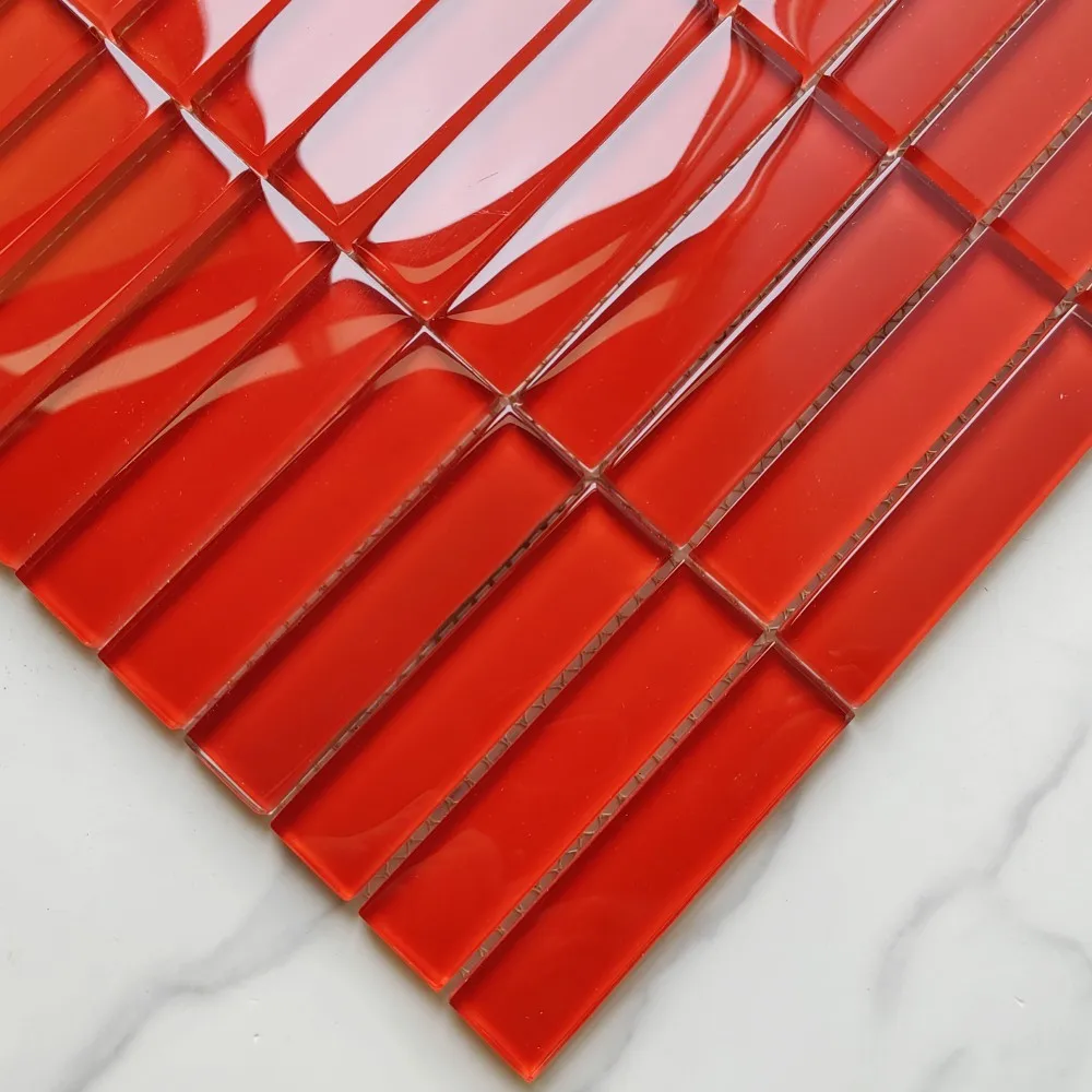 Top quality China red color Kitkat Strip shape crystal glass mosaic tile for backsplash kitchen wall