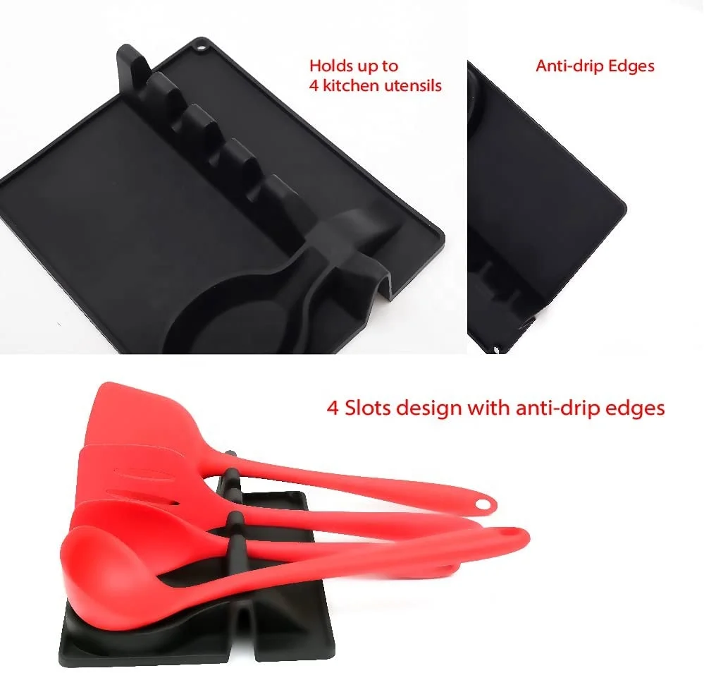 Utensil Rest with Drip Pad Spoon Rest 2 in 1 Larger Size Silicone Spoon Holder for Stove Top Hang Hole Design, Black