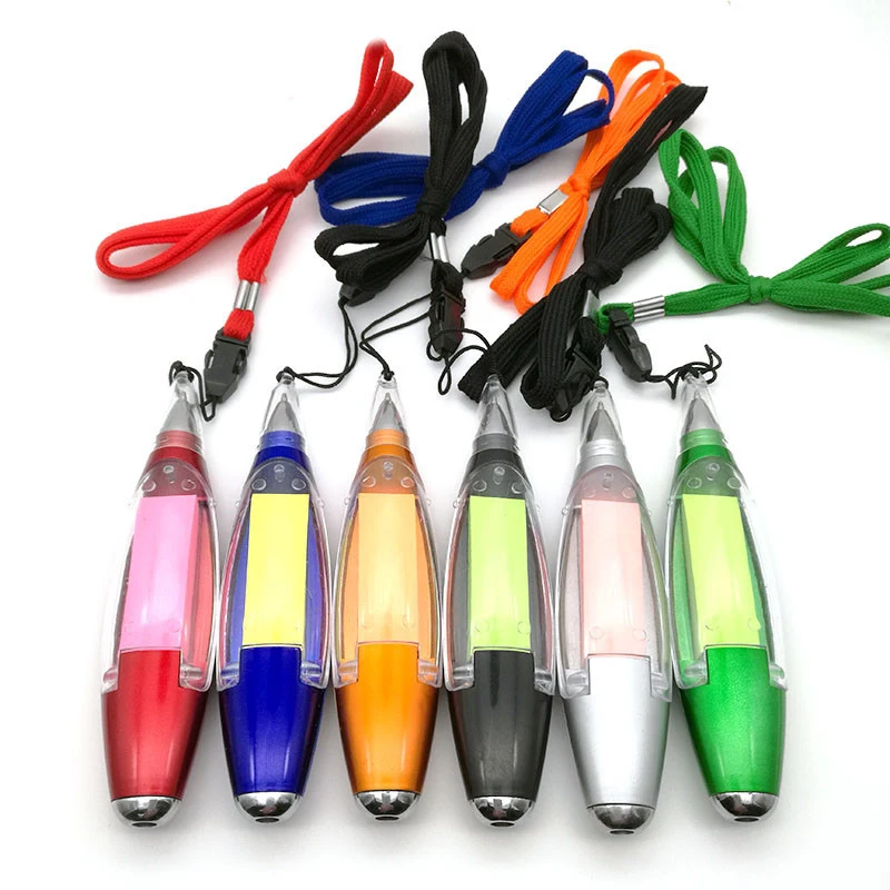Creative stationery 3 in 1 multifunction led light lanyard ballpoint pens plastic ball pen gift logo pen with sticky note