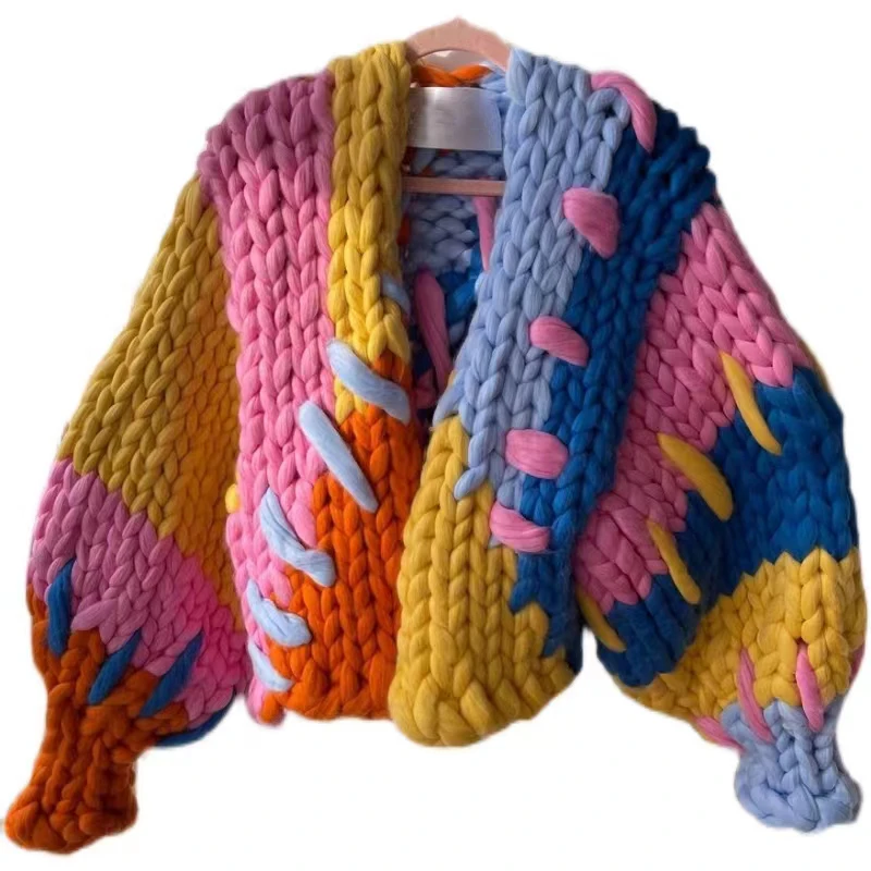VSCOO top women lantern sleeve cardigan handmade crochet chunky knit corp top colorful sweater