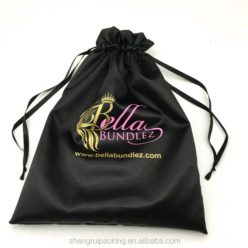 Custom black silk satin hair weave bags with gold logo