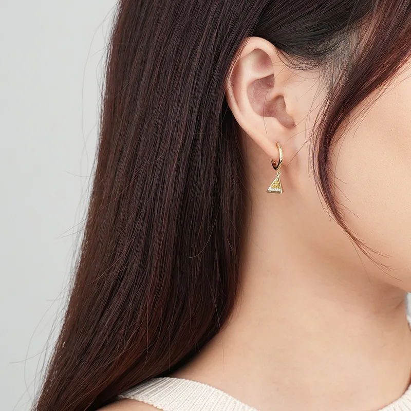 Silver Micro-Pave Zircon Egyptian Pyramid Earrings on Hypoallergenic Ear Hoop Gold Plated Jewelry