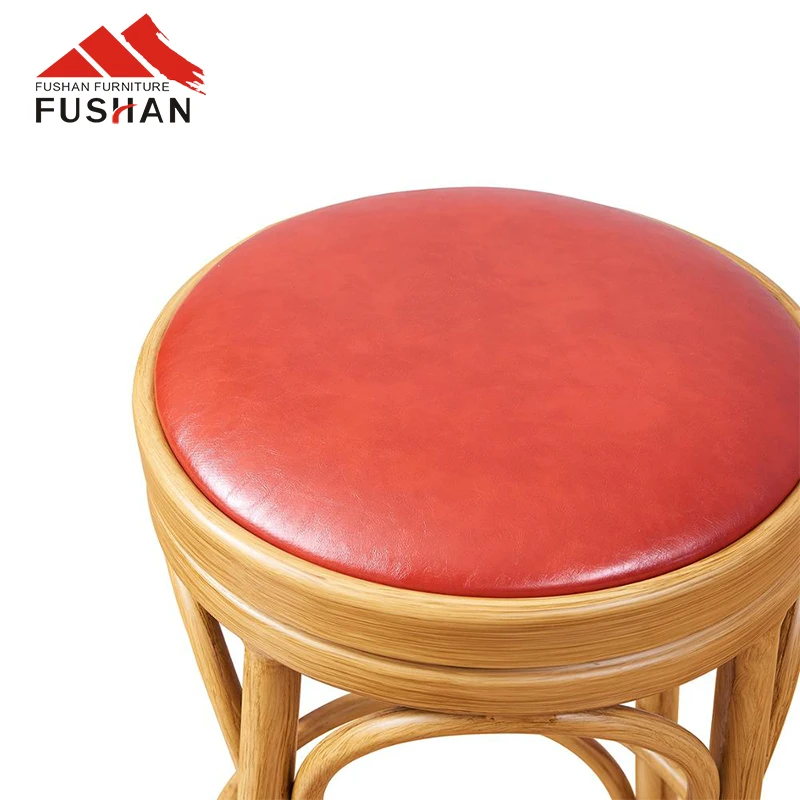 Wholesale Round Cross Cane Seat Stools Modern Bar Chair Bistro Wood Restaurant Furniture Product PU Seating Bar Stool High Chair