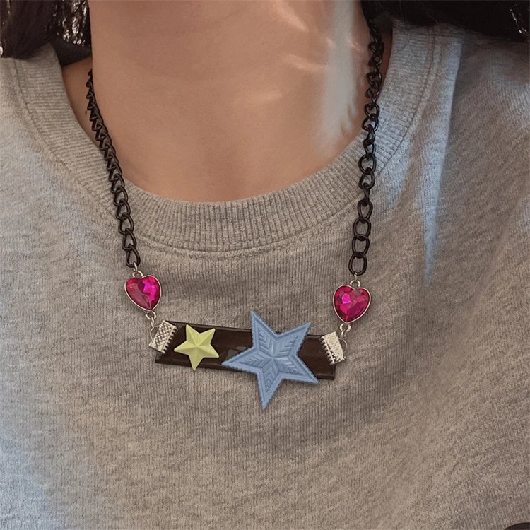 Personality retro color love star Moon pin small devil multi-layer chain necklace rabbit Cat Spider rivet collar y2k jewelry